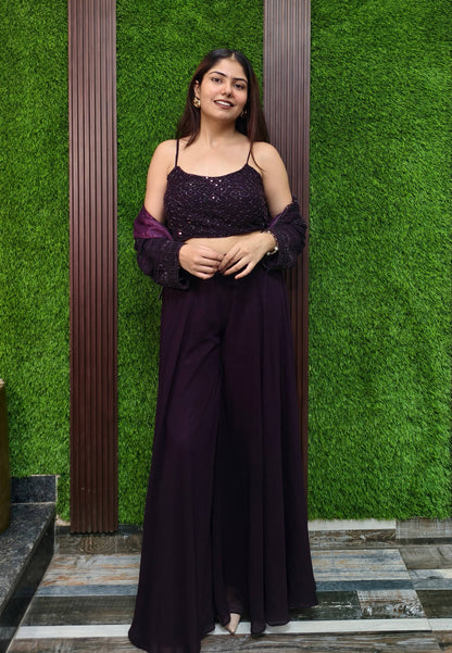 Indo Western Dress with Short Jacket in Wine - Georgette Hand Work