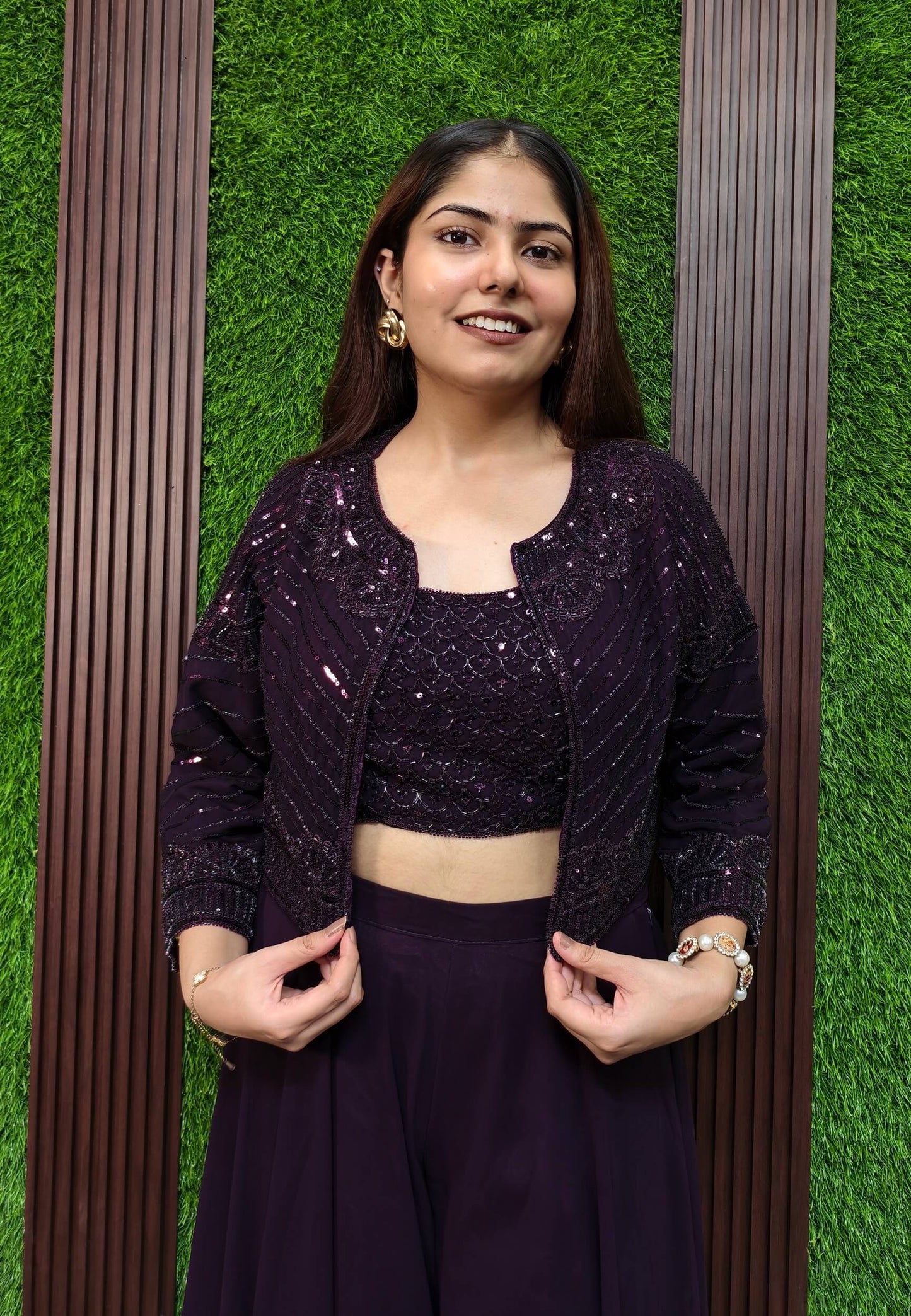 Indo Western Dress with Short Jacket in Wine - Georgette Hand Work