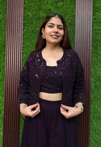 Indo Western Dress with Short Jacket in Wine - Georgette Hand Work