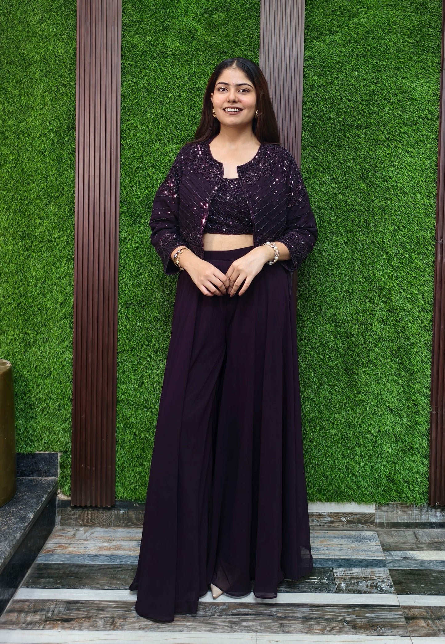 Indo Western Dress with Short Jacket in Wine - Georgette Hand Work