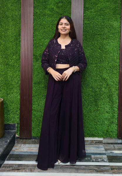 Indo Western Dress with Short Jacket in Wine - Georgette Hand Work
