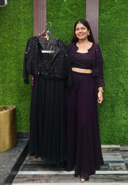 Indo Western Dress with Short Jacket in Wine - Georgette Hand Work