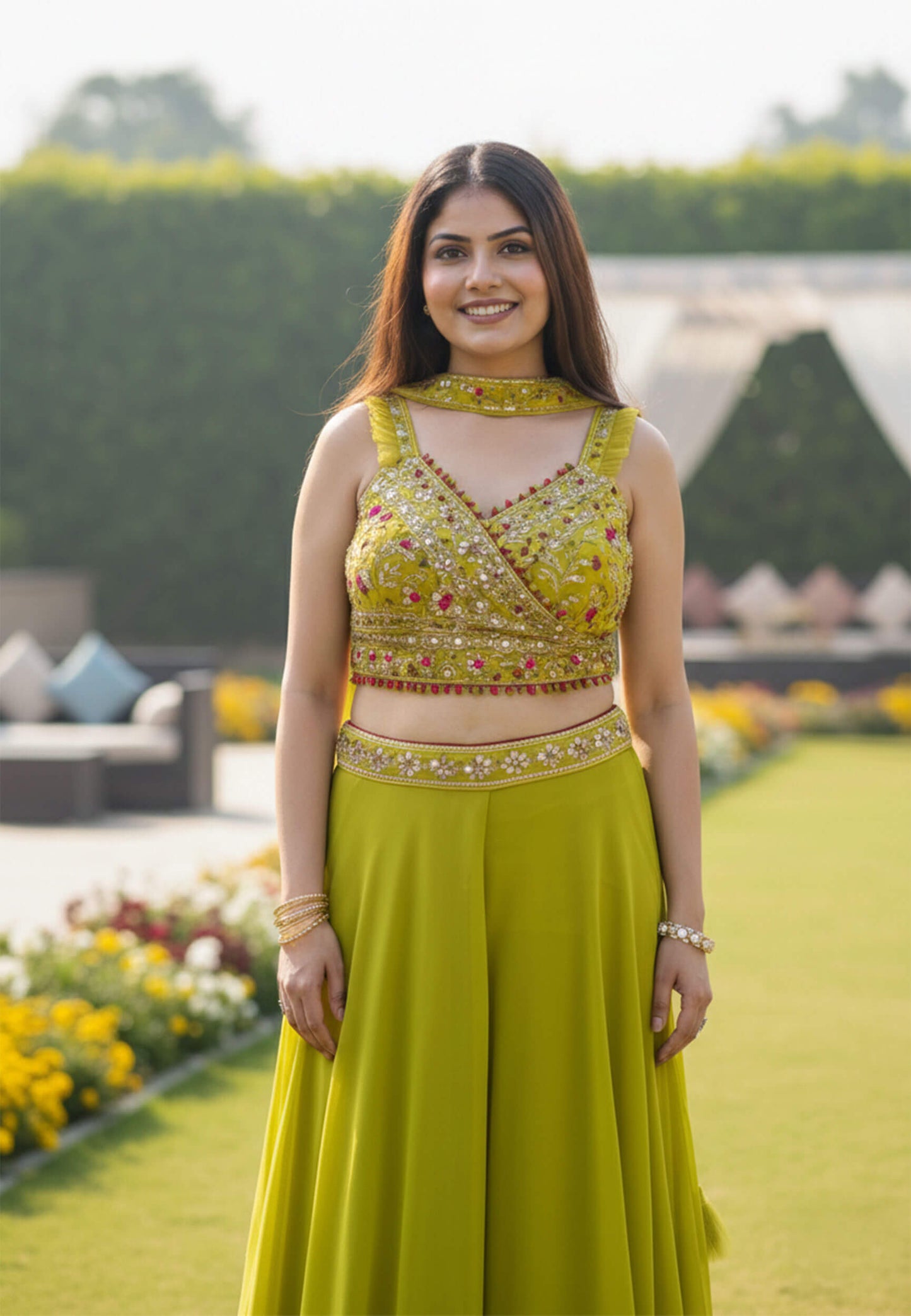 Embellished Crop Top Sharara Dress with Choker Dupatta for Haldi/Mehendi - Georgette