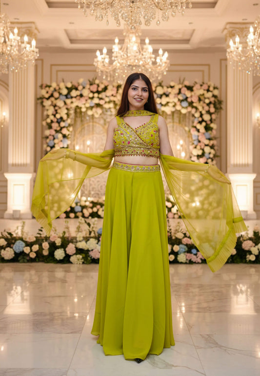 Embellished Crop Top Sharara Dress with Choker Dupatta for Haldi/Mehendi - Georgette