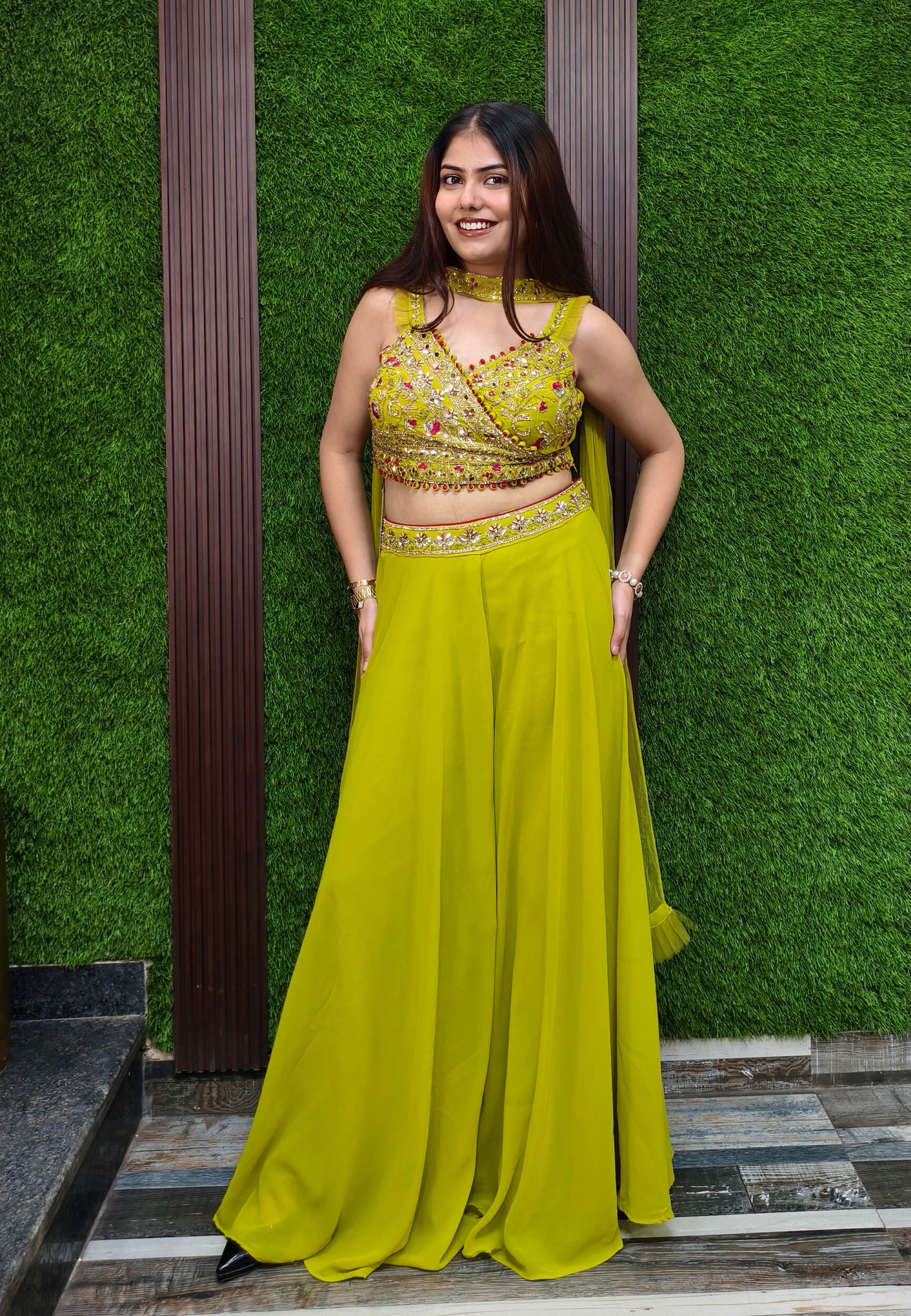 Embellished Crop Top Sharara Dress with Choker Dupatta for Haldi/Mehendi - Georgette