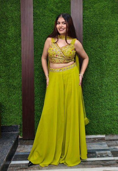 Embellished Crop Top Sharara Dress with Choker Dupatta for Haldi/Mehendi - Georgette