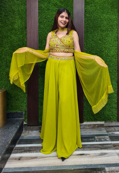 Embellished Crop Top Sharara Dress with Choker Dupatta for Haldi/Mehendi - Georgette