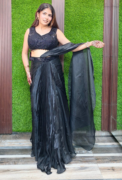 Styling Indo Western Dress with Hand Embellished Crop Top and Drape Connected Skirt