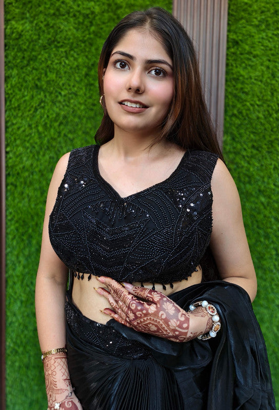 Styling Indo Western Dress with Hand Embellished Crop Top and Drape Connected Skirt