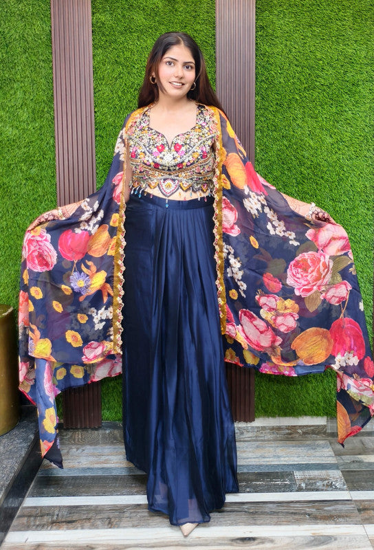 3 Piece Indo Western Dress with Printed Organza Shrug & Hand Embroidered Crop Top in Navy Blue