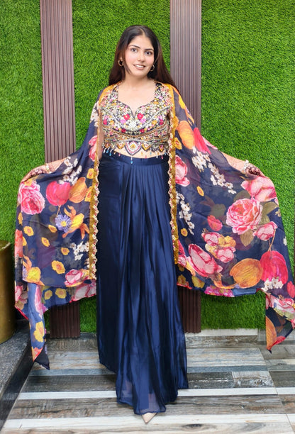 3 Piece Indo Western Dress with Printed Organza Shrug & Hand Embroidered Crop Top in Navy Blue