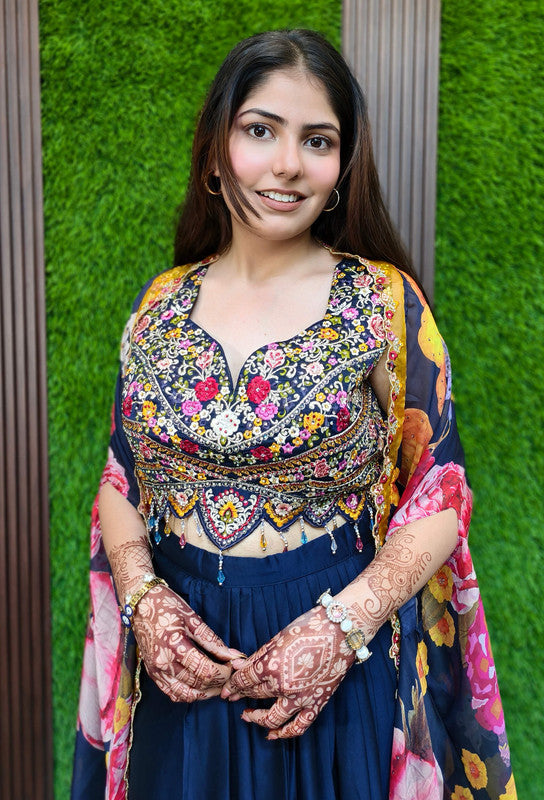 3 Piece Indo Western Dress with Printed Organza Shrug & Hand Embroidered Crop Top in Navy Blue