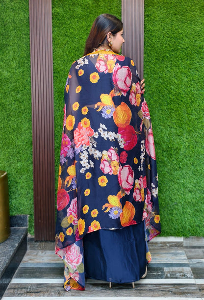 3 Piece Indo Western Dress with Printed Organza Shrug & Hand Embroidered Crop Top in Navy Blue