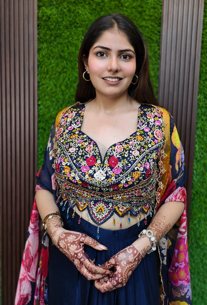3 Piece Indo Western Dress with Printed Organza Shrug & Hand Embroidered Crop Top in Navy Blue