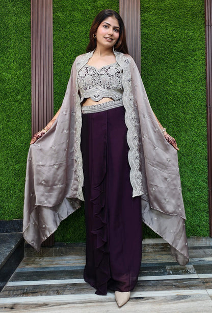 3 Piece Indo Western Dress with Separate Contrast Cape Shrug in Georgette & Tulip Skirt in Wine