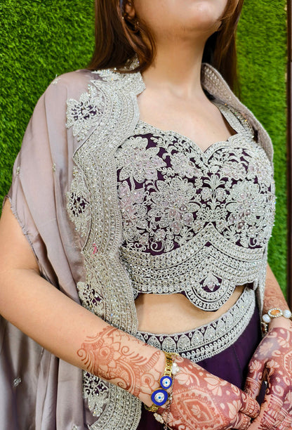 3 Piece Indo Western Dress with Separate Contrast Cape Shrug in Georgette & Tulip Skirt in Wine