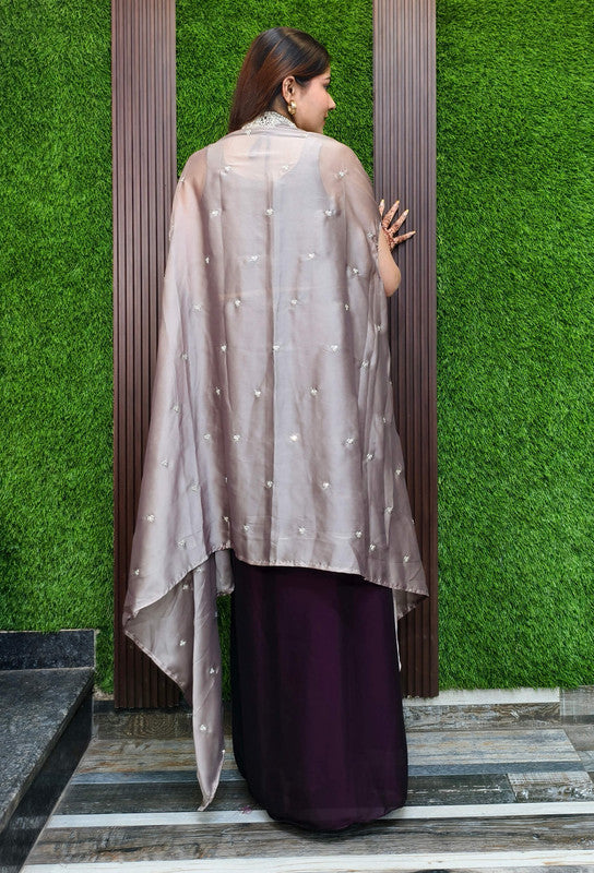 3 Piece Indo Western Dress with Separate Contrast Cape Shrug in Georgette & Tulip Skirt in Wine
