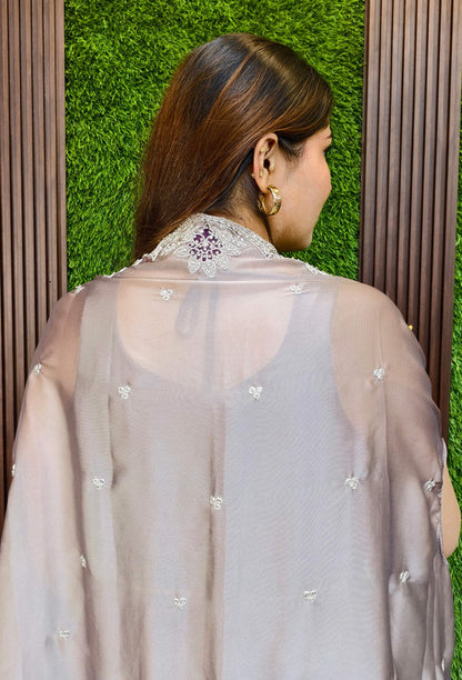 3 Piece Indo Western Dress with Separate Contrast Cape Shrug in Georgette & Tulip Skirt in Wine