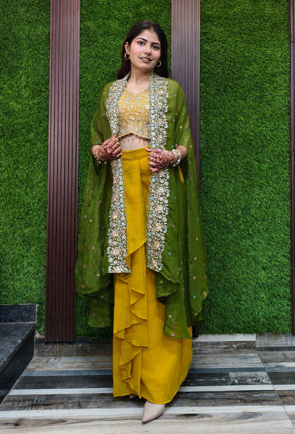 3 Piece Indo Western Dress with Separate Contrast Organza Cape Shrug & Tulip Skirt in Green/Yellow – Haldi & Mehendi Special