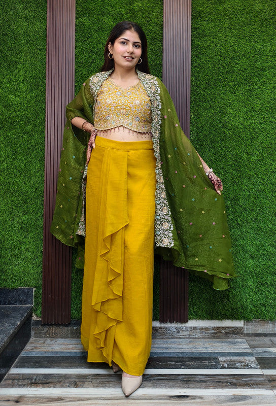 3 Piece Indo Western Dress with Separate Contrast Organza Cape Shrug & Tulip Skirt in Green/Yellow – Haldi & Mehendi Special