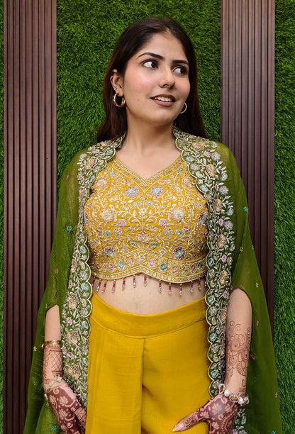 3 Piece Indo Western Dress with Separate Contrast Organza Cape Shrug & Tulip Skirt in Green/Yellow – Haldi & Mehendi Special