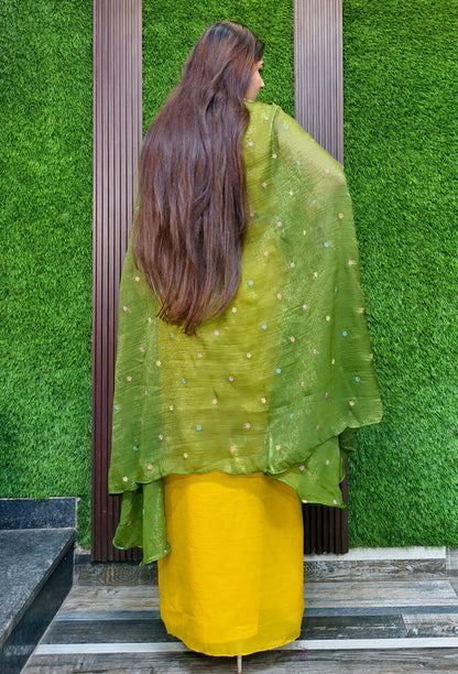 3 Piece Indo Western Dress with Separate Contrast Organza Cape Shrug & Tulip Skirt in Green/Yellow – Haldi & Mehendi Special