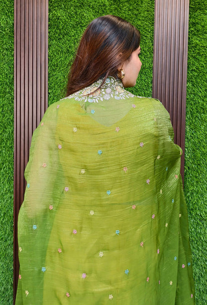 3 Piece Indo Western Dress with Separate Contrast Organza Cape Shrug & Tulip Skirt in Green/Yellow – Haldi & Mehendi Special