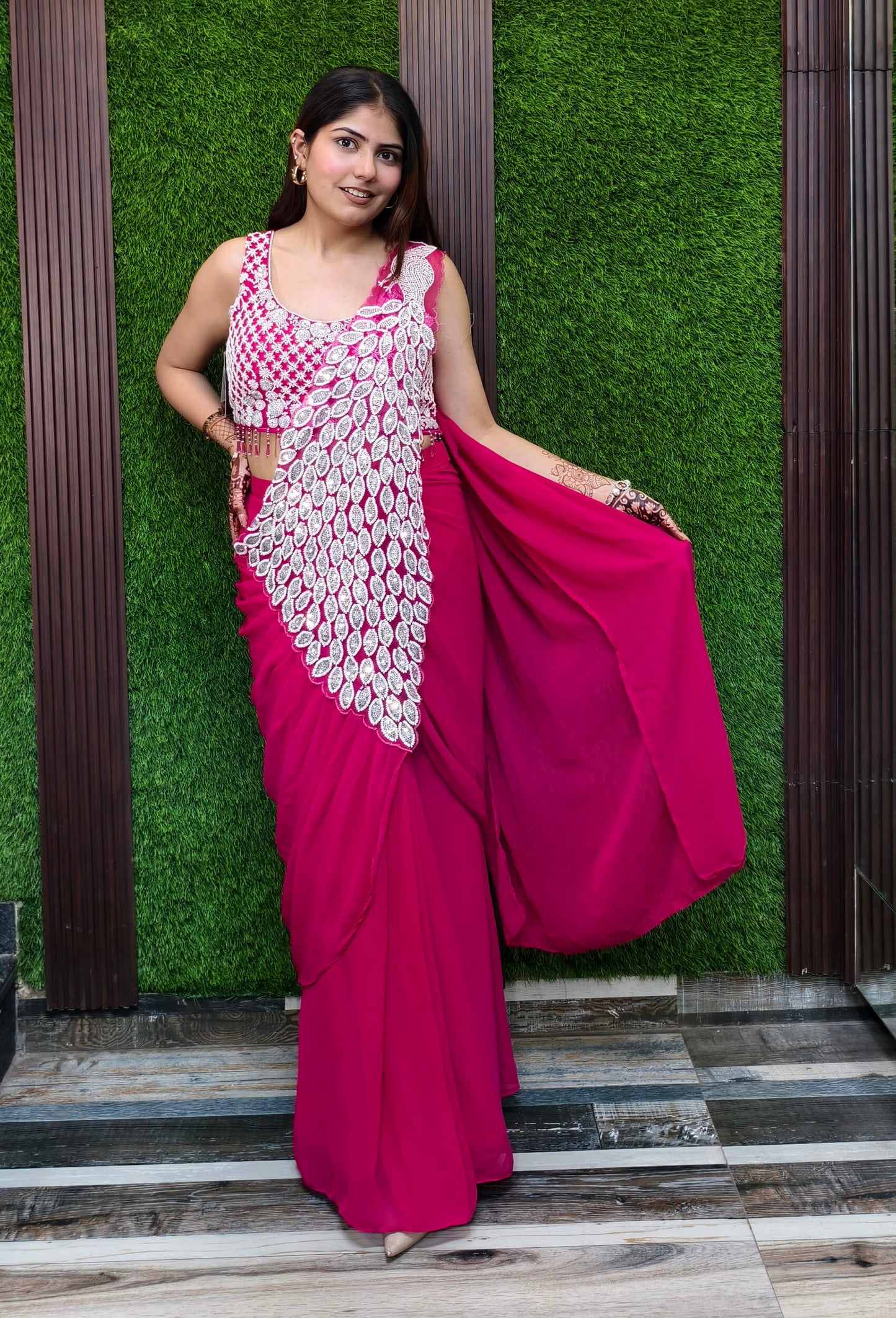 Peacock Design Embroidery Ready-To-Wear Embellished Drape Saree in Georgette