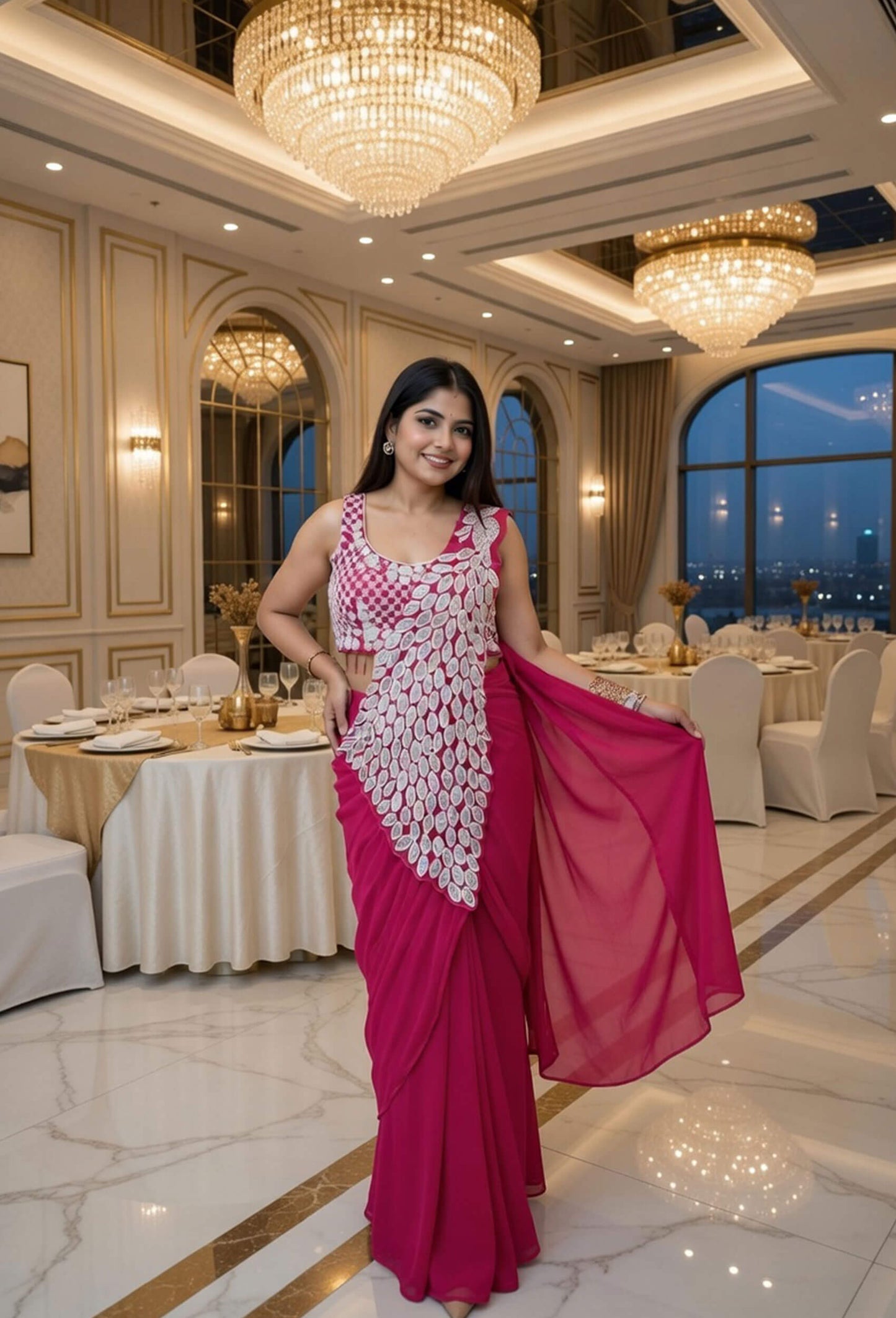 Peacock Design Embroidery Ready-To-Wear Embellished Drape Saree in Georgette