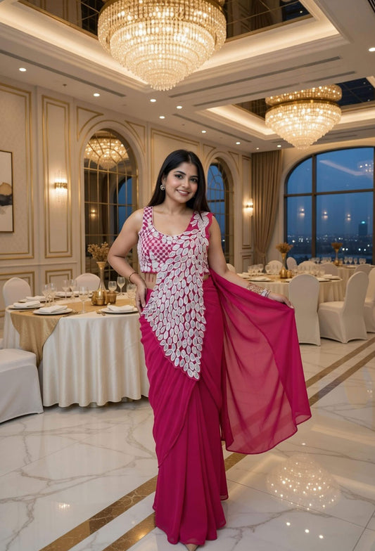 Peacock Design Embroidery Ready-To-Wear Embellished Drape Saree in Georgette