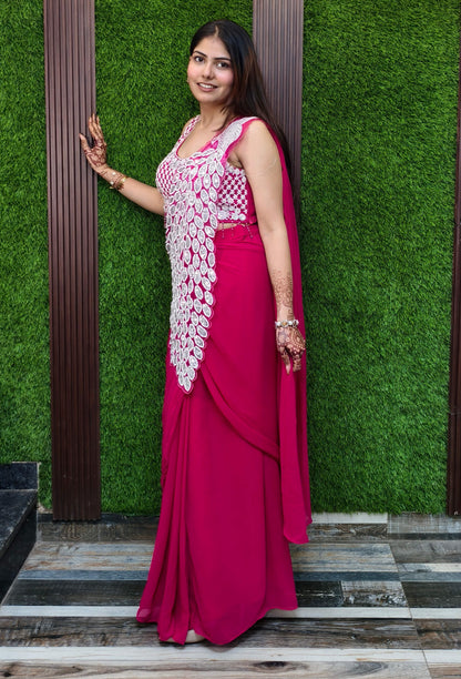 Peacock Design Embroidery Ready-To-Wear Embellished Drape Saree in Georgette