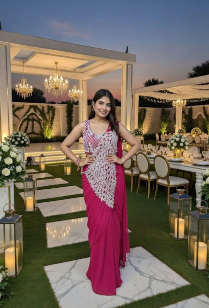 Peacock Design Embroidery Ready-To-Wear Embellished Drape Saree in Georgette