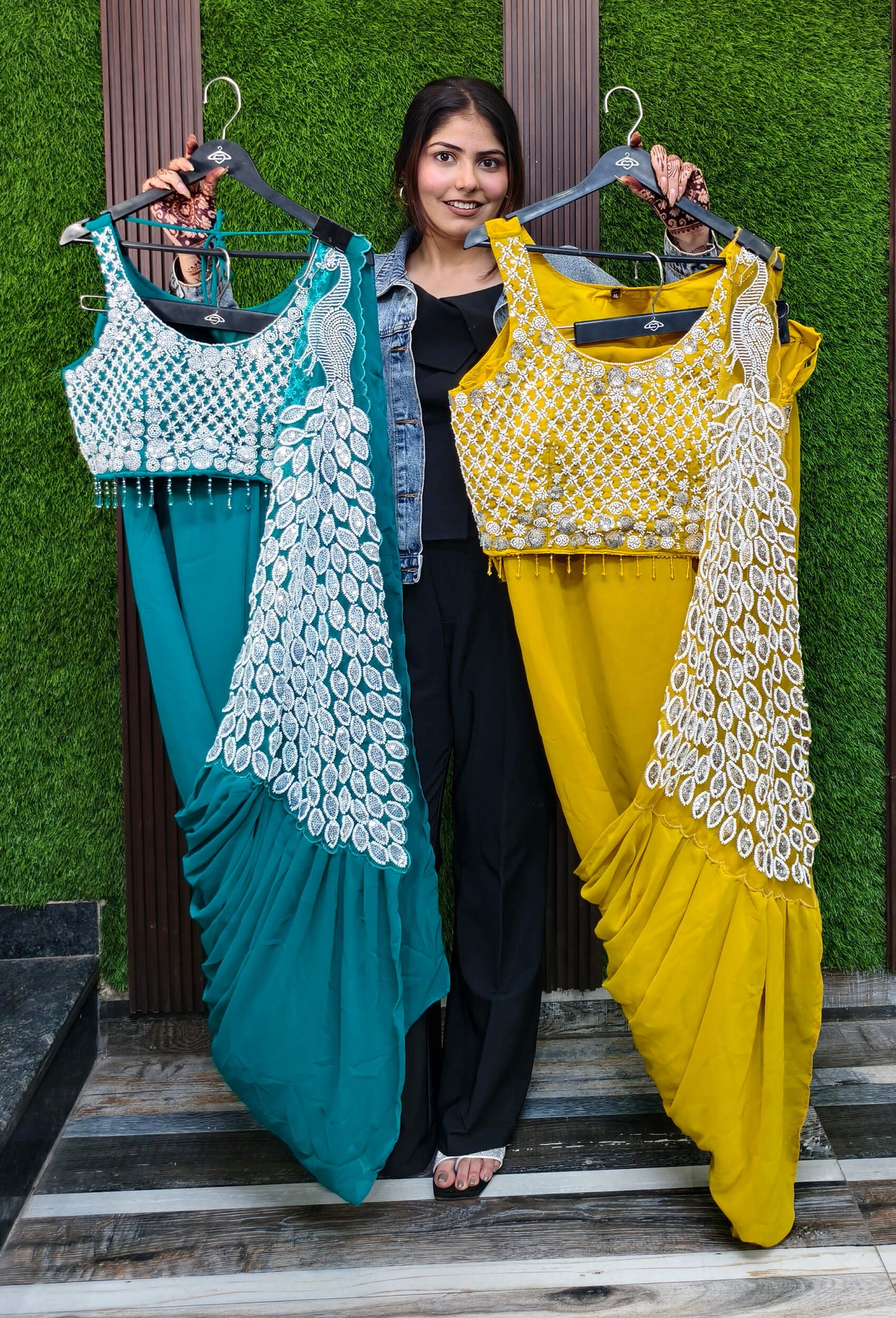 Peacock Design Embroidery Ready-To-Wear Embellished Drape Saree in Georgette