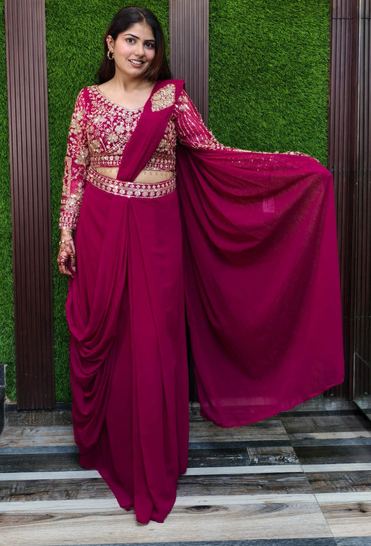 Drape Style Partywear Saree Readymade Saree in Georgette with Embellished Full Sleeve Blouse in Hot Pink