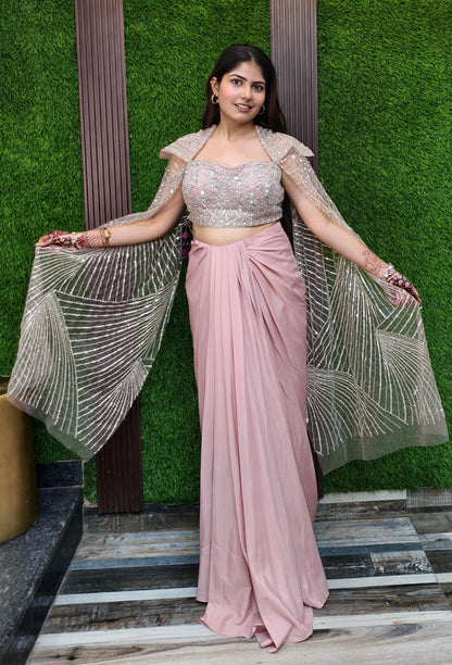 Hand-Embellished Corset Crop Top with Satin Tulip Skirt and Attached Falling Sleeves - Designer Occasion Set