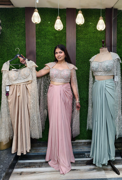 Hand-Embellished Corset Crop Top with Satin Tulip Skirt and Attached Falling Sleeves - Designer Occasion Set