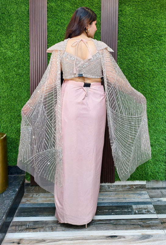 Hand-Embellished Corset Crop Top with Satin Tulip Skirt and Attached Falling Sleeves - Designer Occasion Set