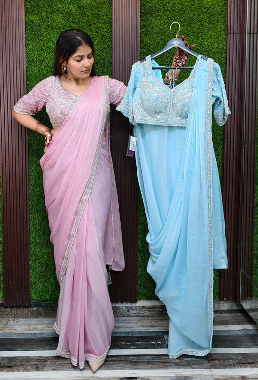 Ready-to-Wear Drape Saree in Shimmer Tissue Fabric with Hand-Embellished Blouse
