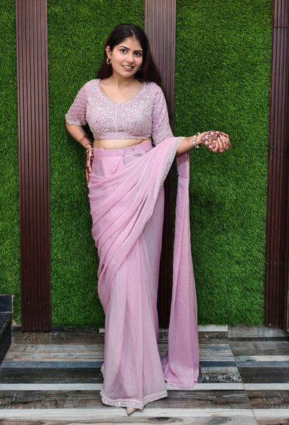 Ready-to-Wear Drape Saree in Shimmer Tissue Fabric with Hand-Embellished Blouse
