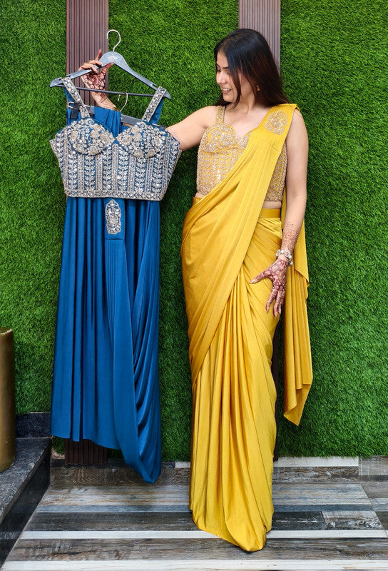 Designer Lycra Drape Saree with Pre-Stitched Spaghetti Style Corset Blouse and Belt