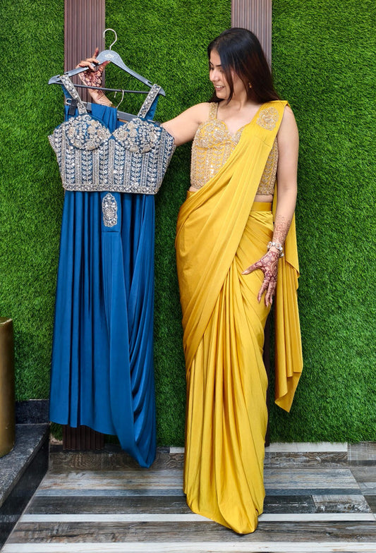 Designer Lycra Drape Saree with Pre-Stitched Spaghetti Style Corset Blouse and Belt