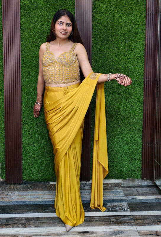 Designer Lycra Drape Saree with Pre-Stitched Spaghetti Style Corset Blouse and Belt