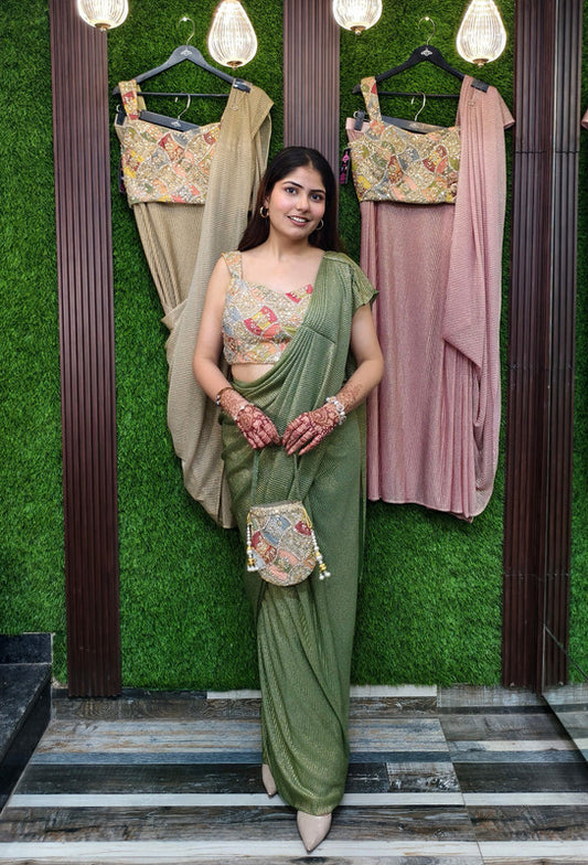 Designer Ready-to-Wear Crinkle Shimmer Saree with Multi Embroidered Blouse and Embellished Purse