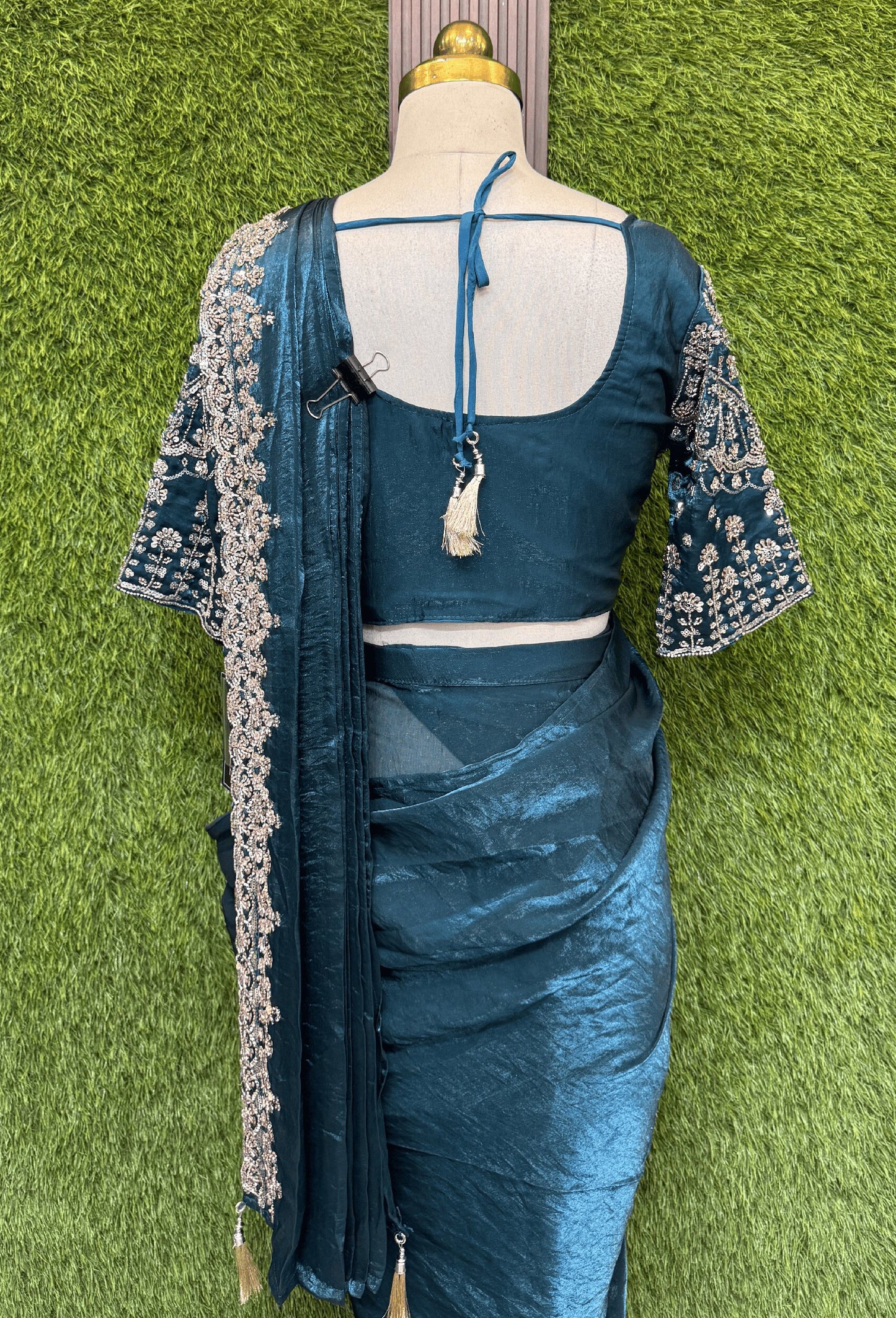 Readymade Organza Silk Drape Saree with Hand Embellishment Work