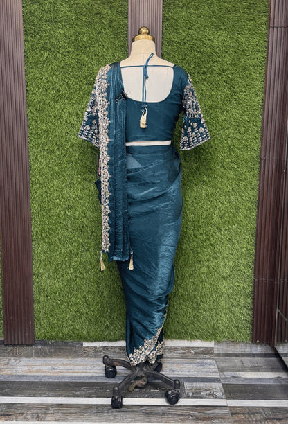 Readymade Organza Silk Drape Saree with Hand Embellishment Work
