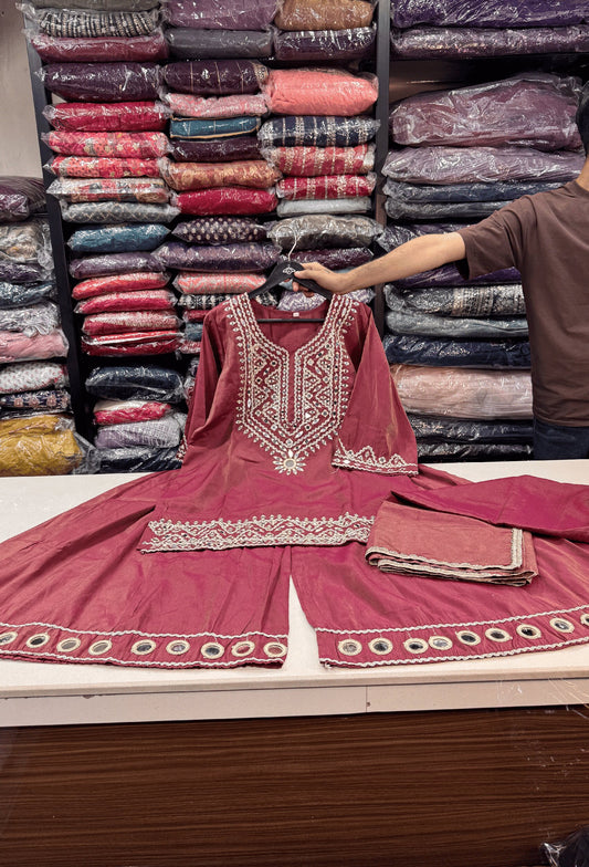 Tissue Silk Party Wear Mirror Work Palazzo Suit with Embroidered Bottom & Dupatta