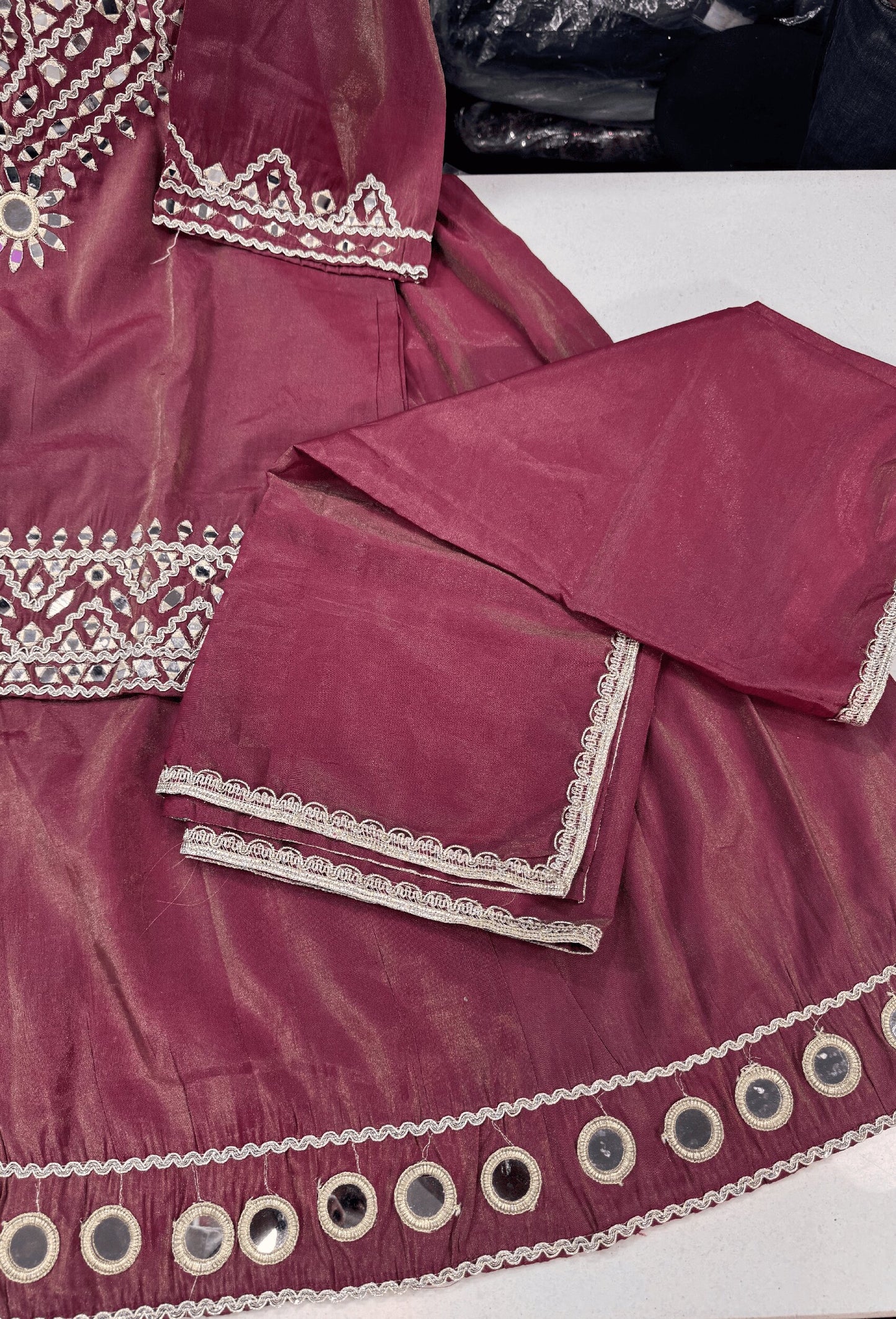 Tissue Silk Party Wear Mirror Work Palazzo Suit with Embroidered Bottom & Dupatta
