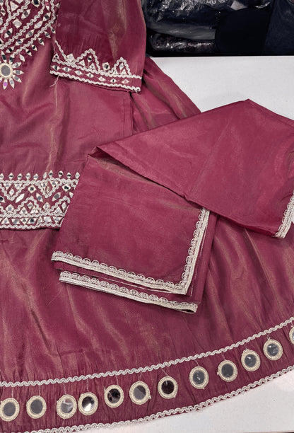 Tissue Silk Party Wear Mirror Work Palazzo Suit with Embroidered Bottom & Dupatta