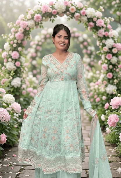 V-Neck Shimmer Tissue Anarkali Set with Churidar Sleeves
