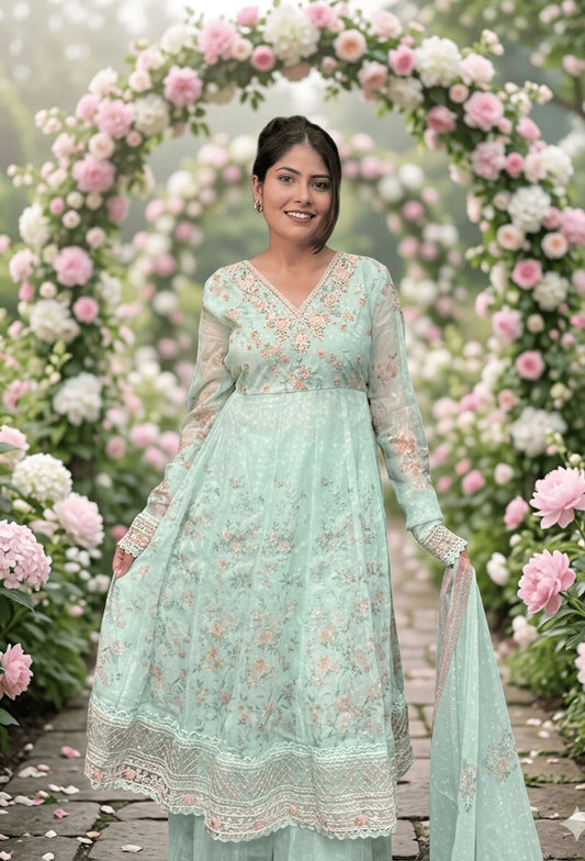 V-Neck Shimmer Tissue Anarkali Set with Churidar Sleeves